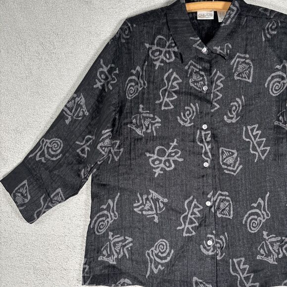 Chicos Top Women’s Size 2 (L) Black Linen Blend Artsy Boho‎ Artistic Abstract - Picture 4 of 14